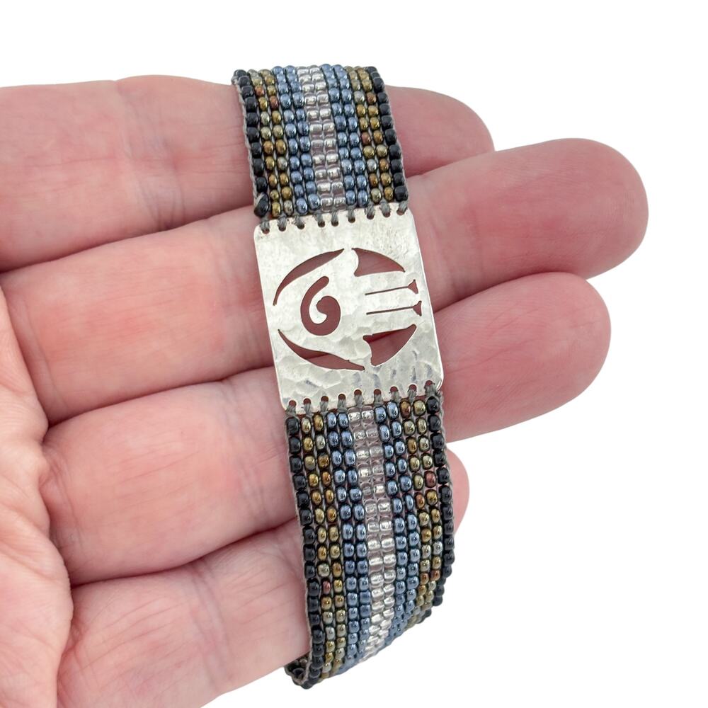 Vintage Sterling Silver 925 Hamsa Panel Wide Glass Seed Bead Bracelet 5-9"